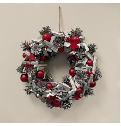 Silver and Red Bauble Wooden Wreath, 40cm